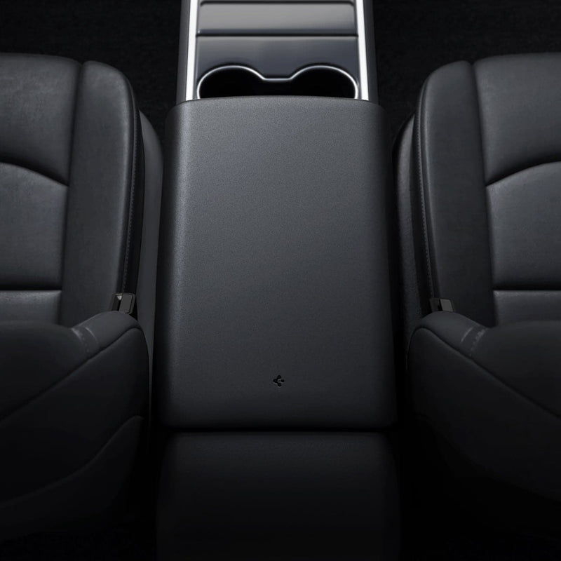 ACP06042 - Tesla Model 3 & Y Armrest Cover in black showing the top view inside of car