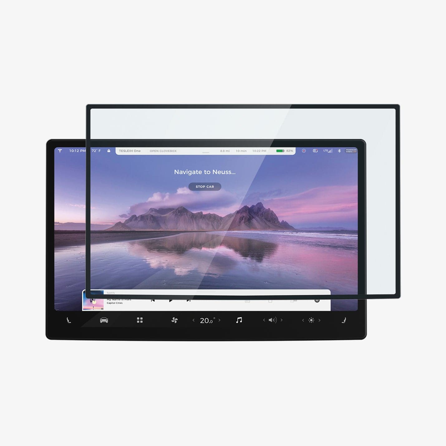 AGL04688 - Tesla Model S / X Screen Protector EZ FIT GLAS.tR showing the front with screen protector hovering in front of screen and screen display on