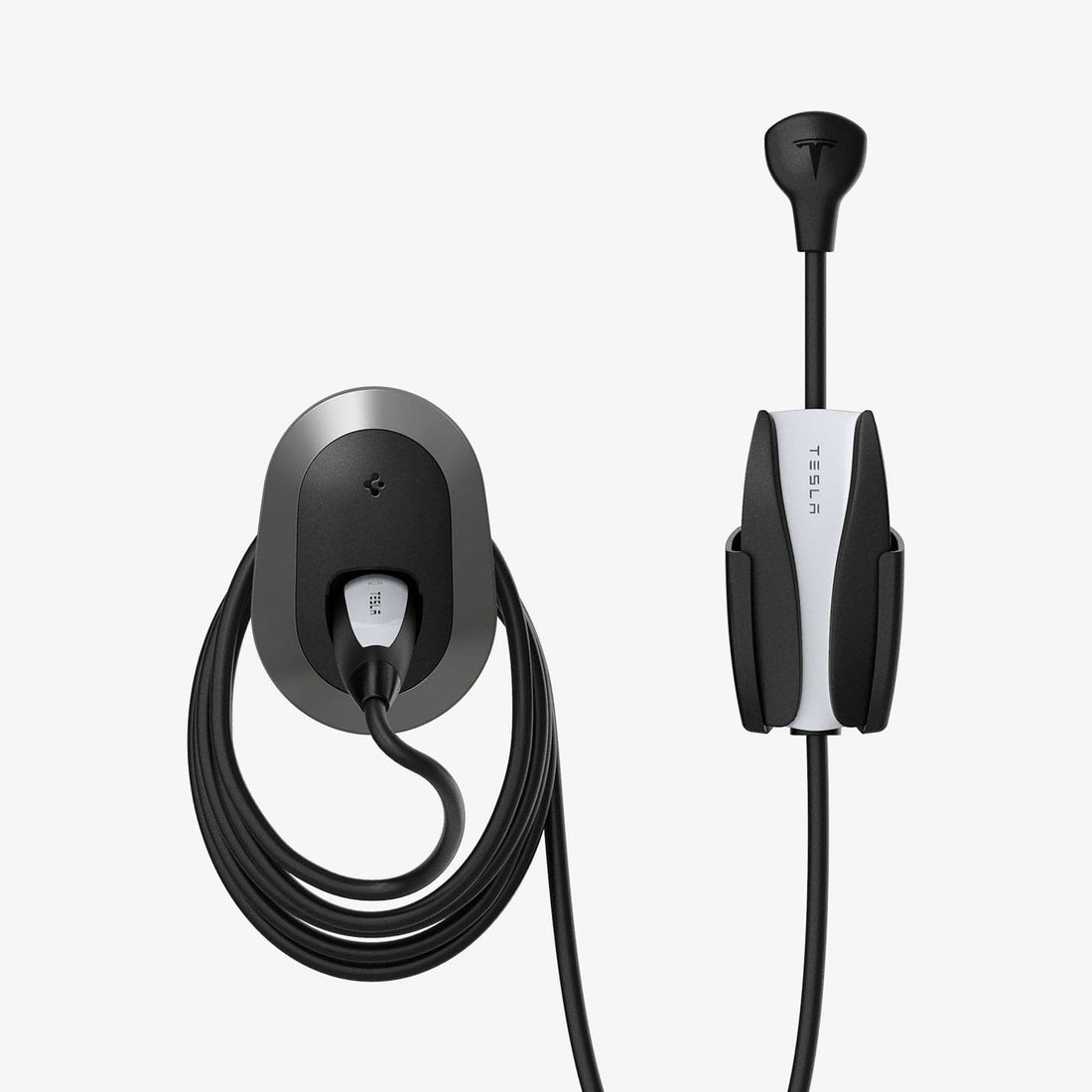 ACP04294 - Tesla Charging Wall Mount in dark silver showing the wall mount and cables organized beside wall plug