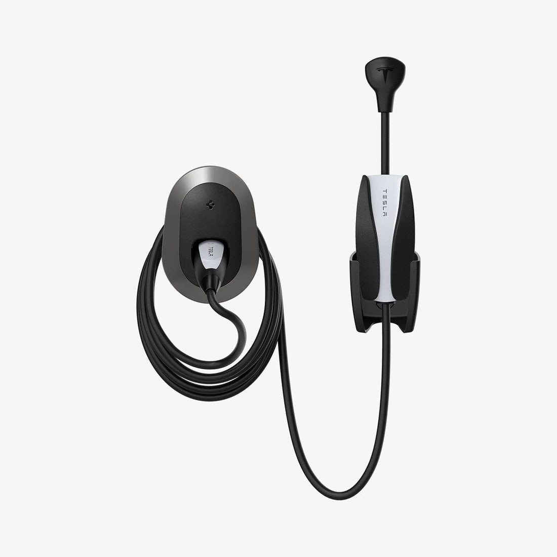 ACP04294 - Tesla Charging Wall Mount in dark silver showing the wall mount and cables organized beside wall plug