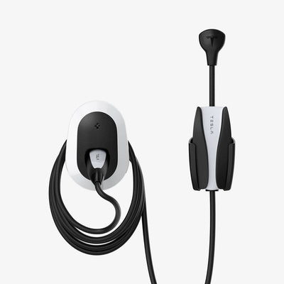 ACP04295 - Tesla Charging Wall Mount in dark silver showing the wall mount and cables organized beside wall plug