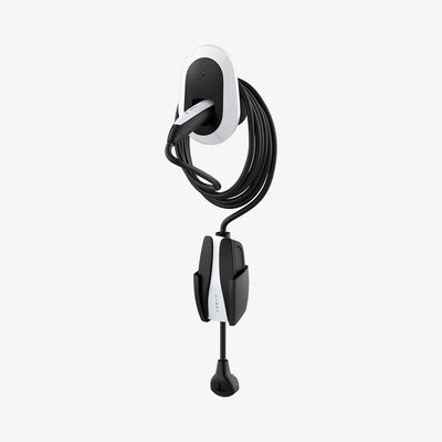ACP04295 - Tesla Charging Wall Mount in white showing the wall mount and cables organized with wall plug upside down below