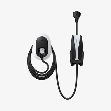 ACP04295 - Tesla Charging Wall Mount in white showing the wall mount and cables organized beside wall plug