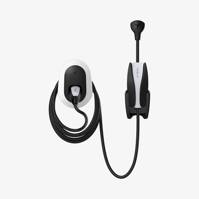 ACP04295 - Tesla Charging Wall Mount in white showing the wall mount and cables organized beside wall plug