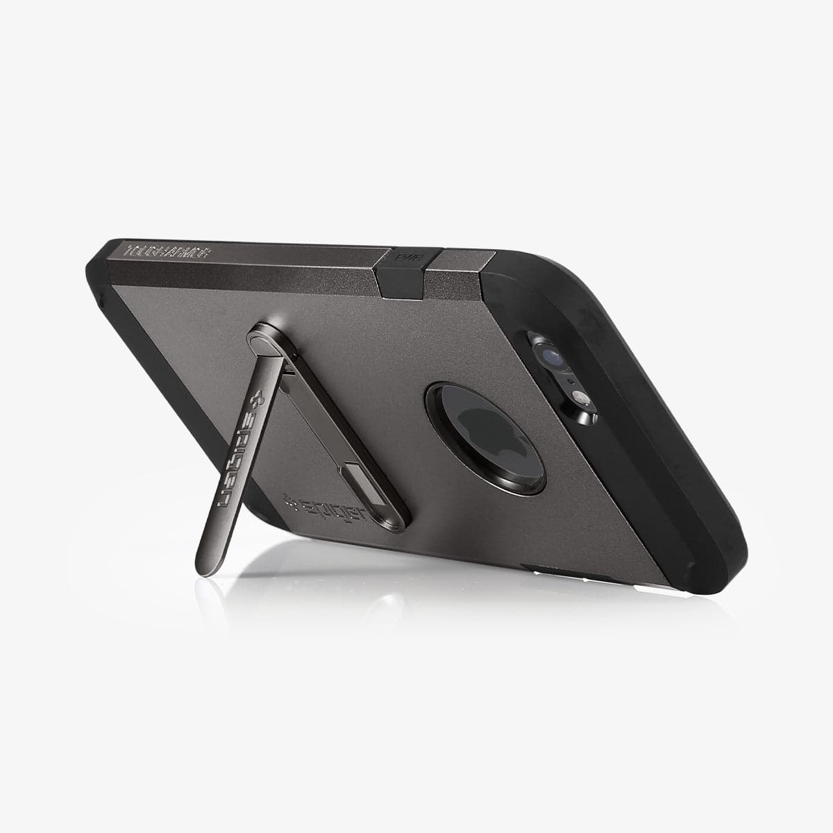 000EM20860 - U100 Universal Kickstand (Metal) in gunmetal showing the phone propped up by kickstand attached to back of device