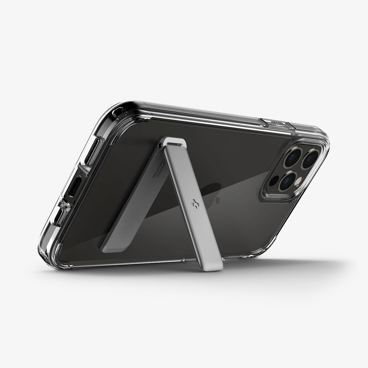 AMP03684 - U102 Universal Kickstand (Metal) in silver showing the phone propped up by kickstand attached to back of device