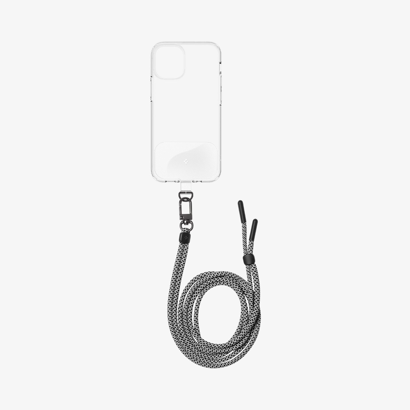 AFA03432 - Universal Crossbody Strap in black showing the strap attached to contag and phone case