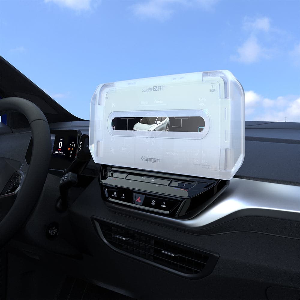 AGL04046 - Volkswagen ID.4 12" Screen Protector EZ FIT GLAS.tR Anti-Glare showing the ez fit tray installed on touch screen display inside of car