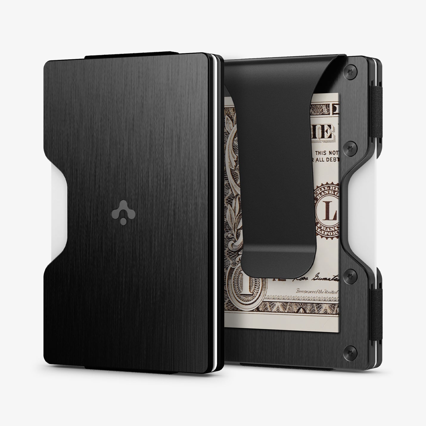 AFA05261 - Card Holder Wallet S Money Clip in black showing the front, back and sides with money in clip and card in slot