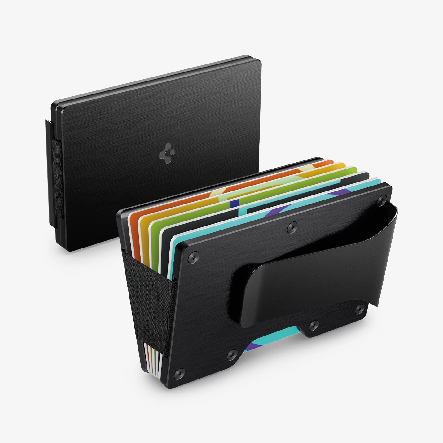 AFA05261 - Card Holder Wallet S Money Clip in black showing the front and back with multiple cards in slot
