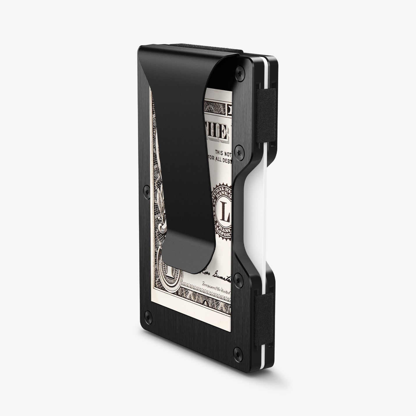 AFA05261 - Card Holder Wallet S Money Clip in black showing the back and side with money in clip and card in slot