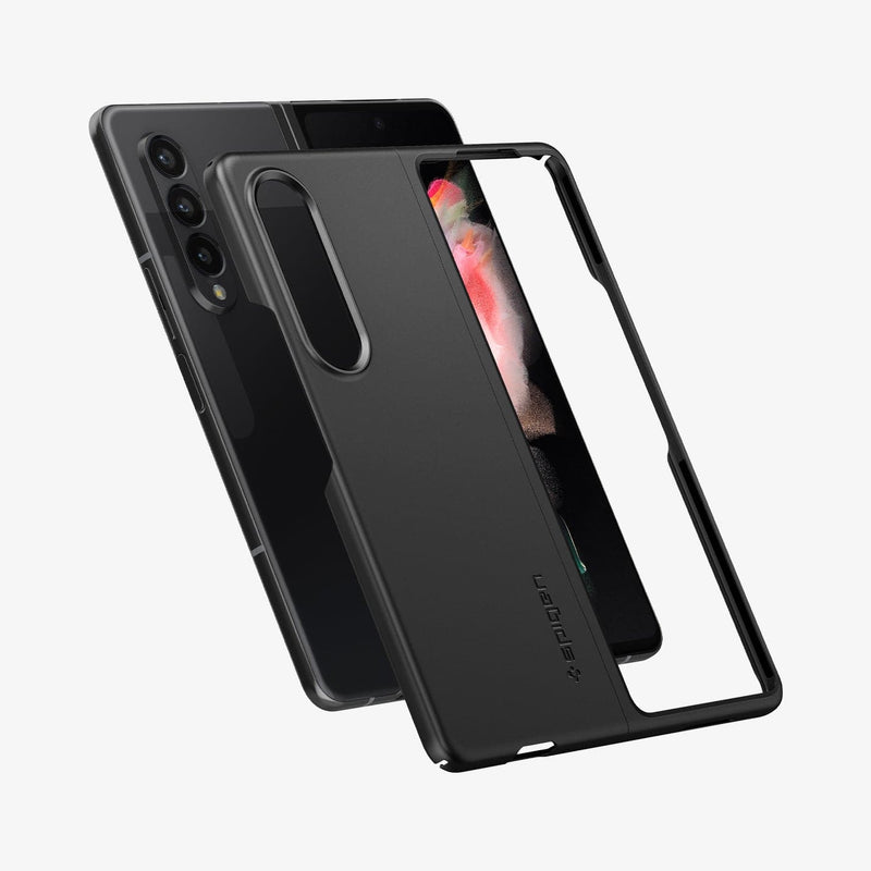 ACS03086 - Galaxy Z Fold 3 Case AirSkin in black showing the back and front with case hovering in front of device