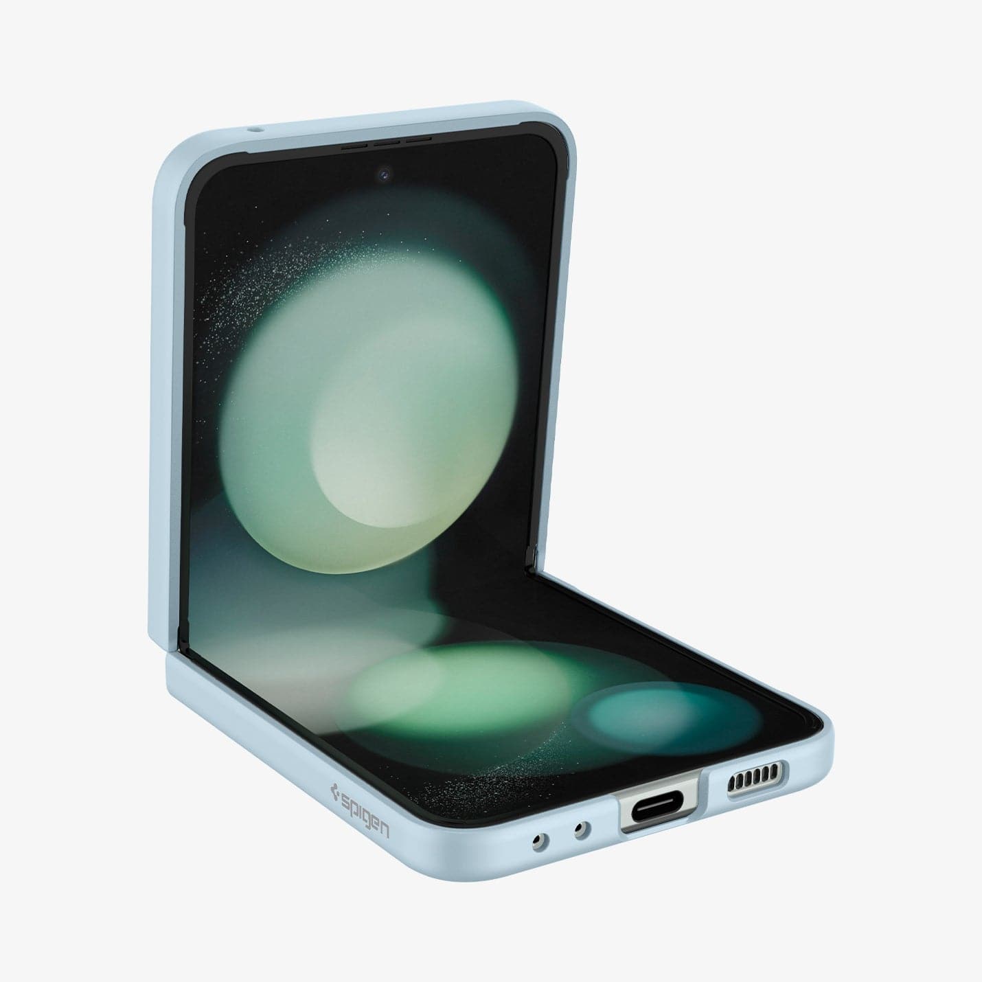 ACS06233 - Galaxy Z Flip 5 Case AirSkin in mute blue showing the front and side with device half open
