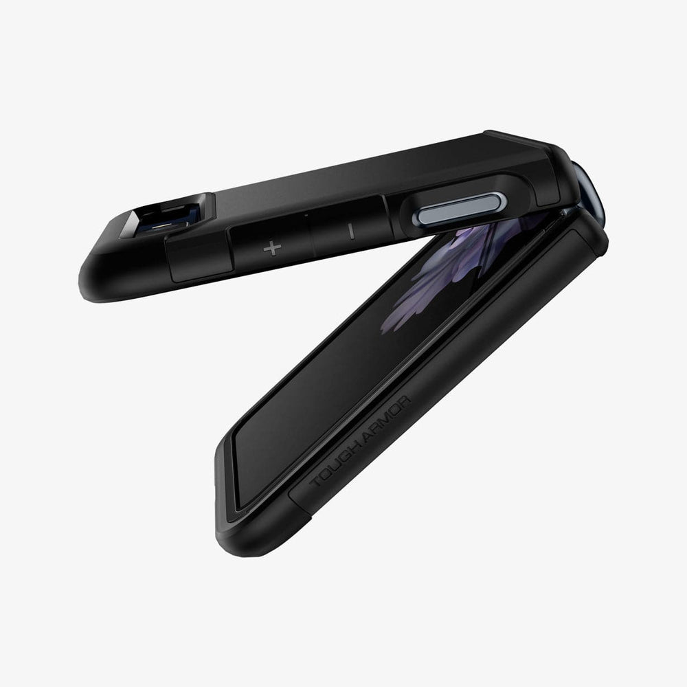 ACS01035 - Galaxy Z Flip Case Tough Armor in black showing the side with device slightly open