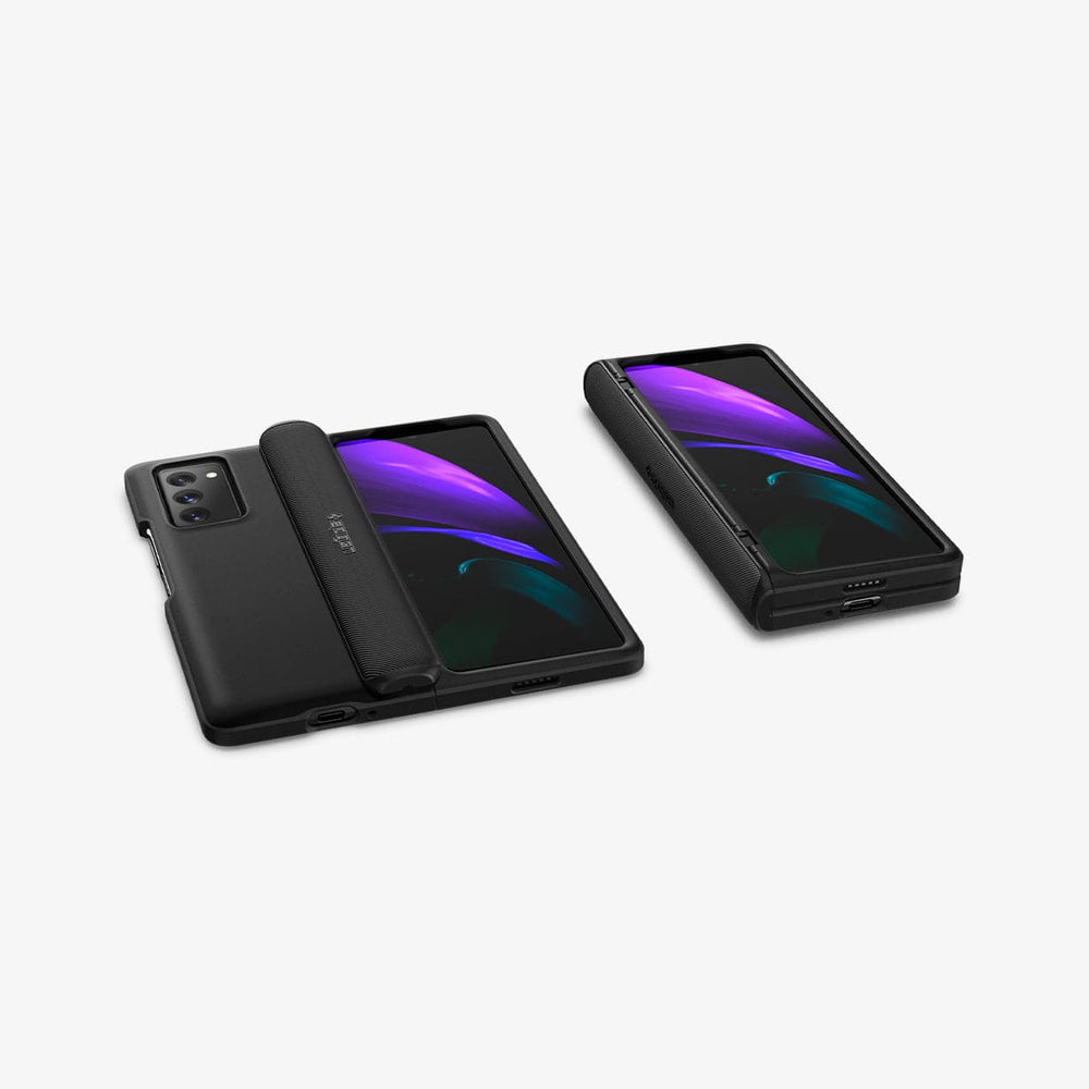ACS02119 - Galaxy Z Fold 2 Case Slim Armor Pro in black showing the back and front of one device and the front of one device folded