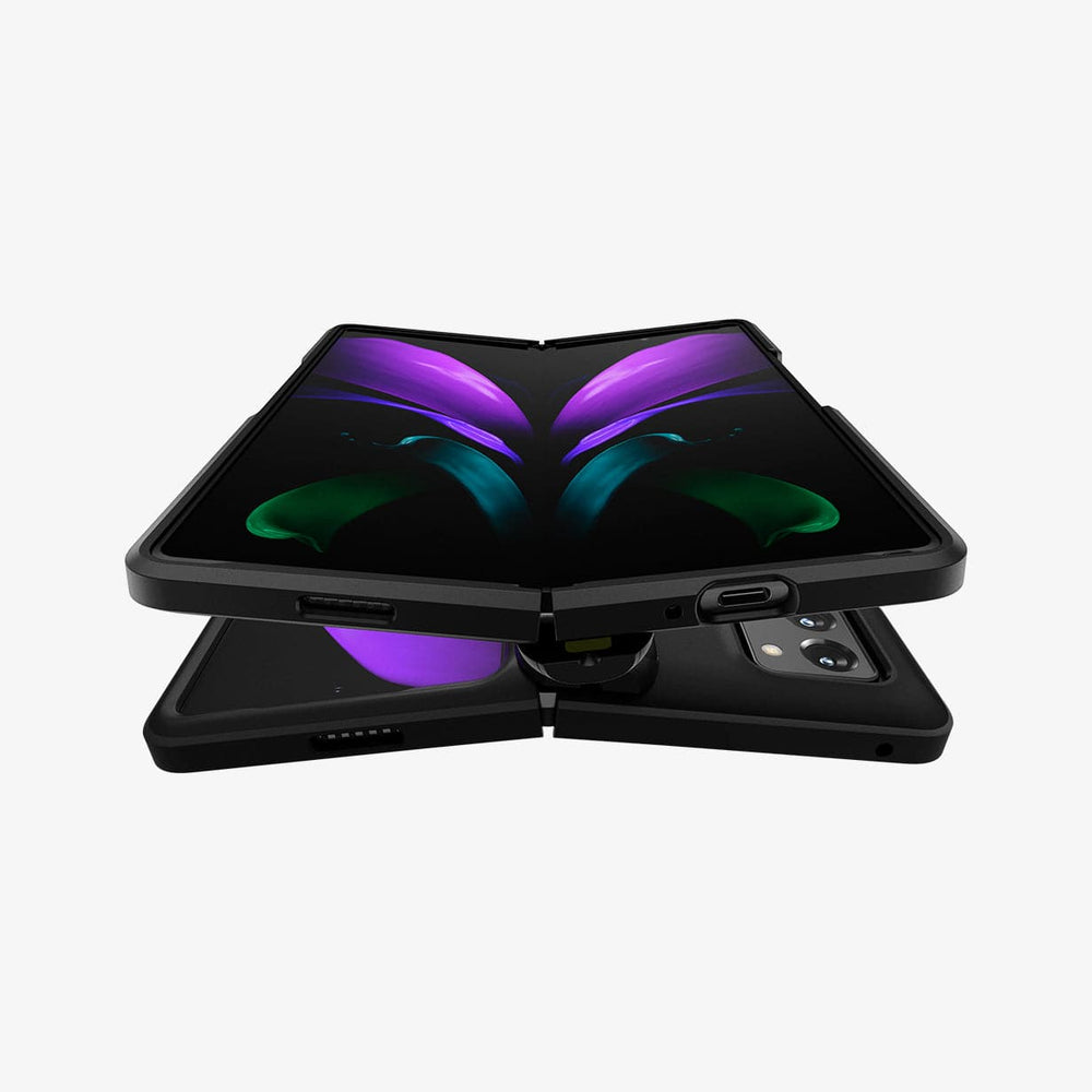 ACS02119 - Galaxy Z Fold 2 Case Slim Armor Pro in black showing the back and front with another device hovering above