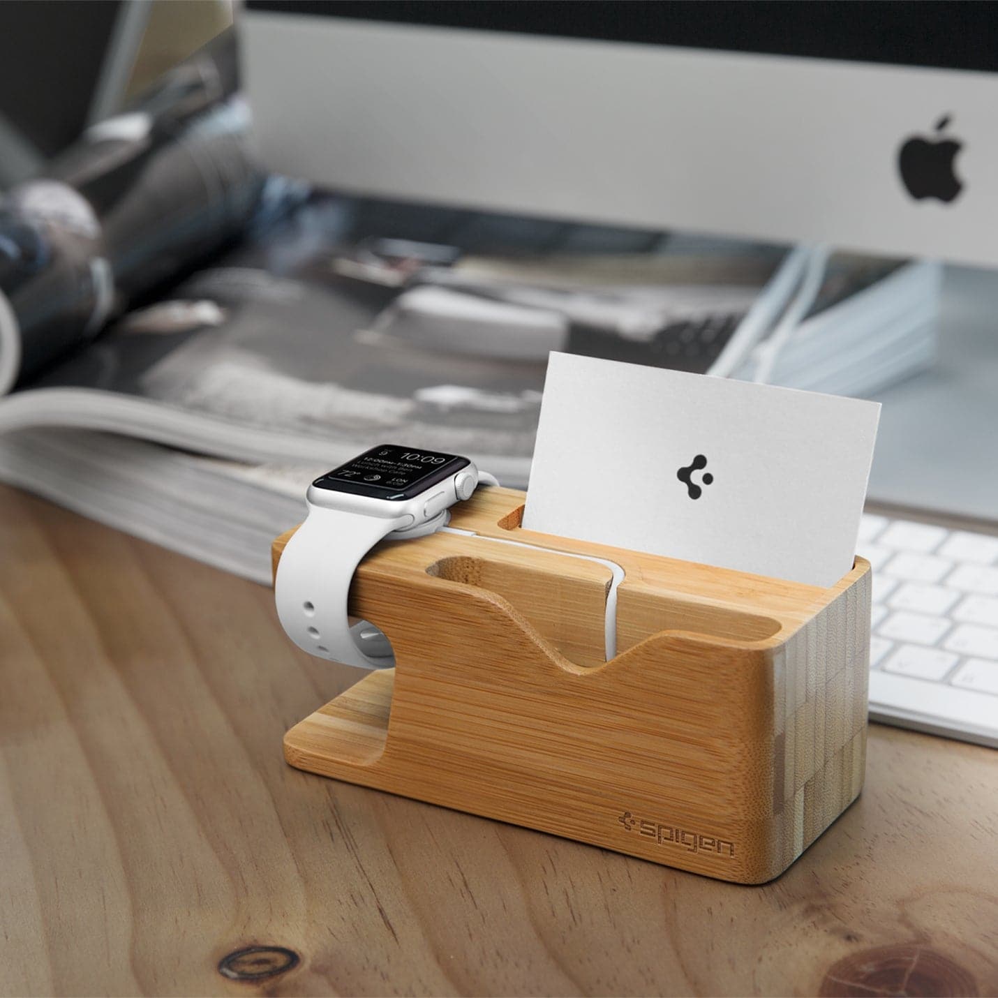 000ST20295 - Apple Watch + Phone Stand S370 showing the front and side with business card and watch on stand on top of a desk