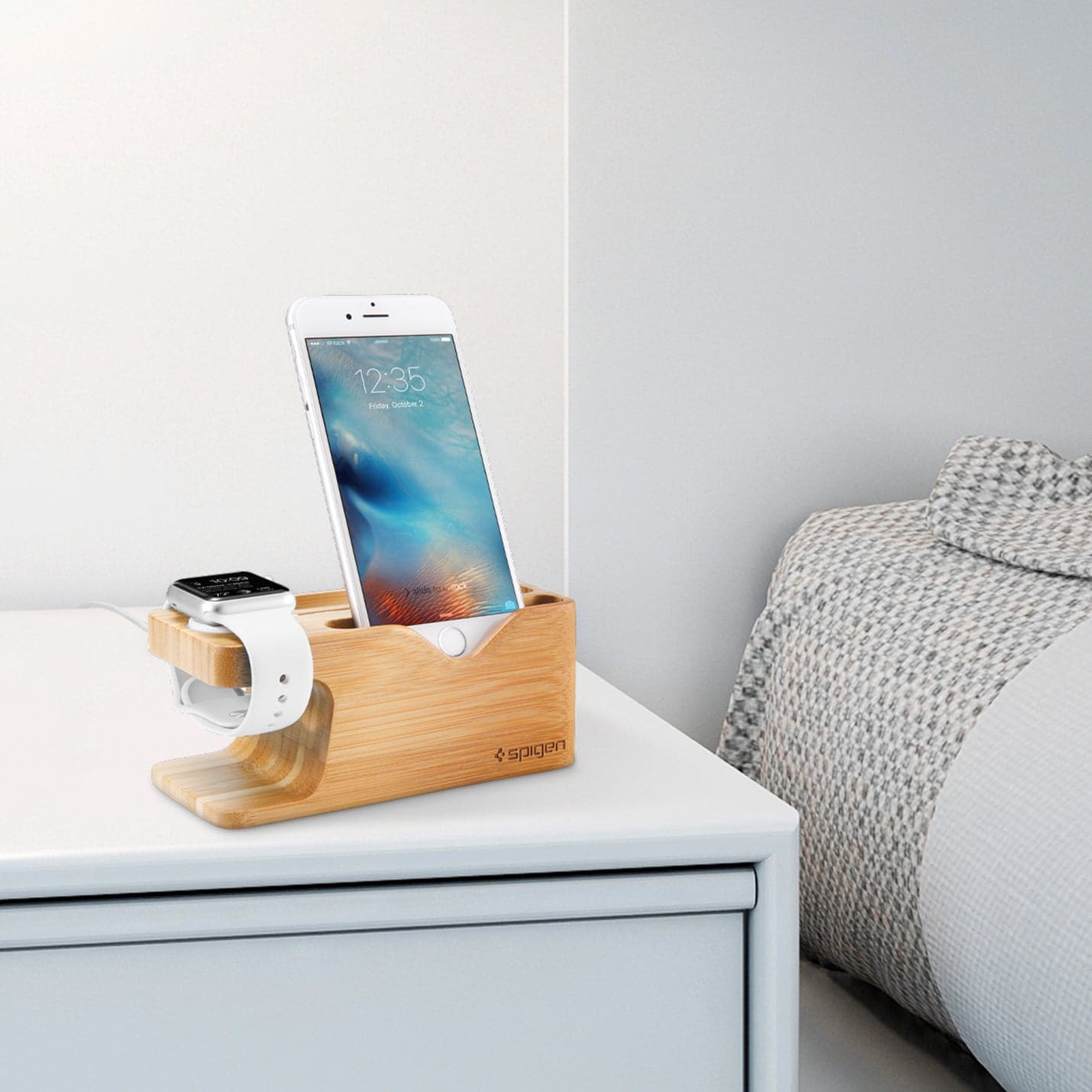 000ST20295 - Apple Watch + Phone Stand S370 showing the front and side with phone and watch on stand on nightstand