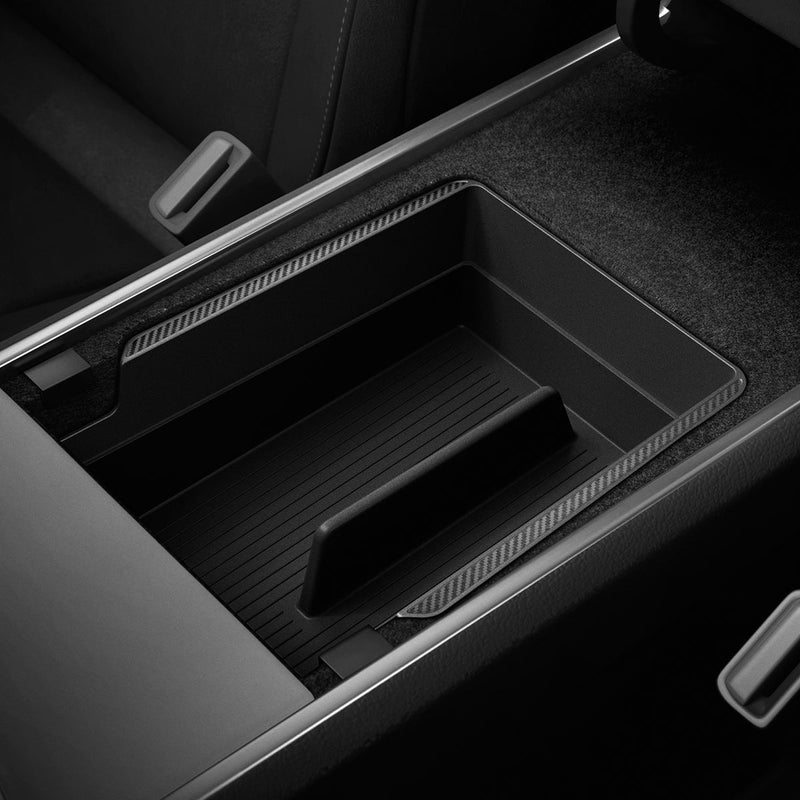 ACP06258 - Tesla Model 3 & Y Armrest Console Organizer in black showing the top view inside of car