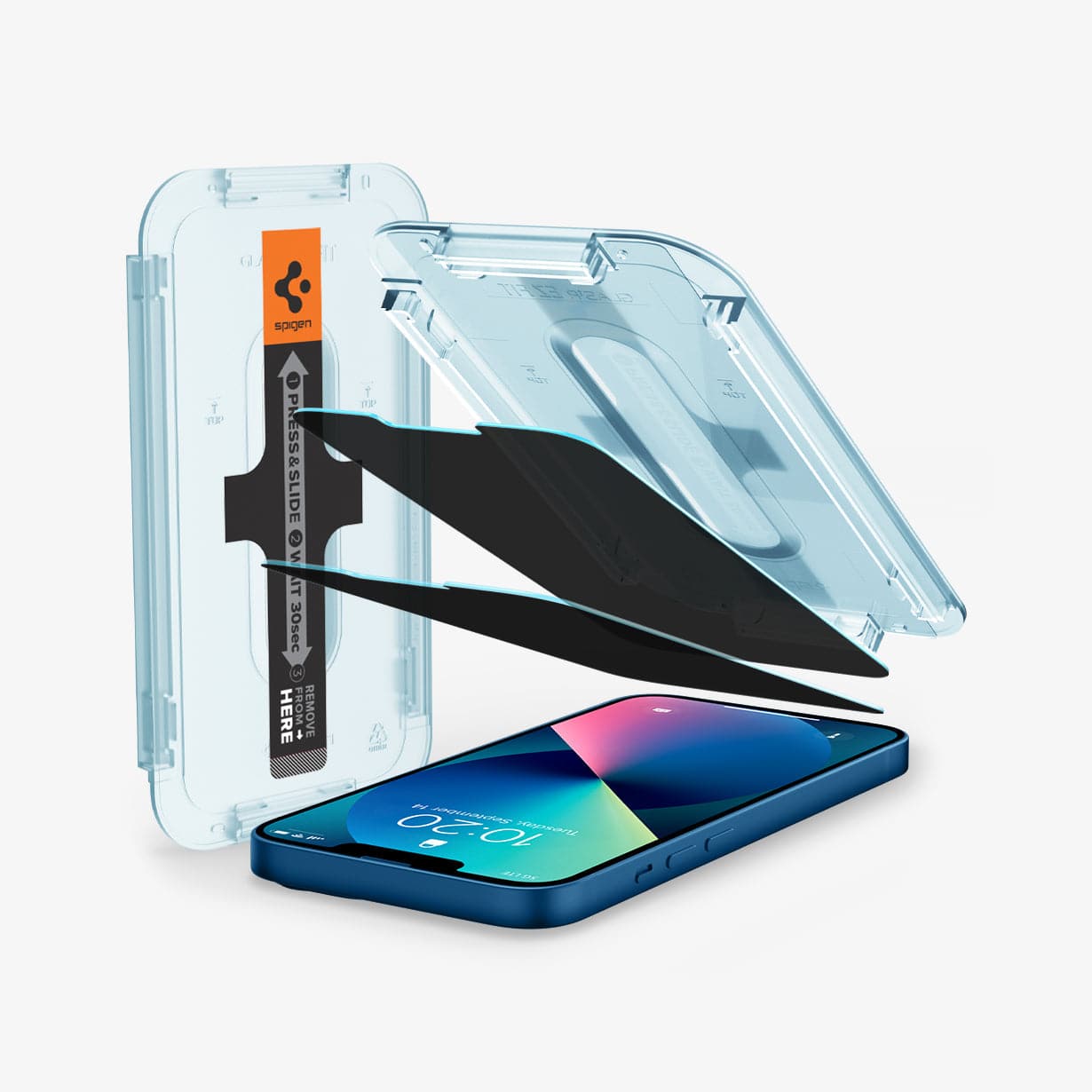 AGL03399 - iPhone 16e Screen Protector EZ FIT GLAS.tR Privacy showing the device, two screen protectors and ez fit tray