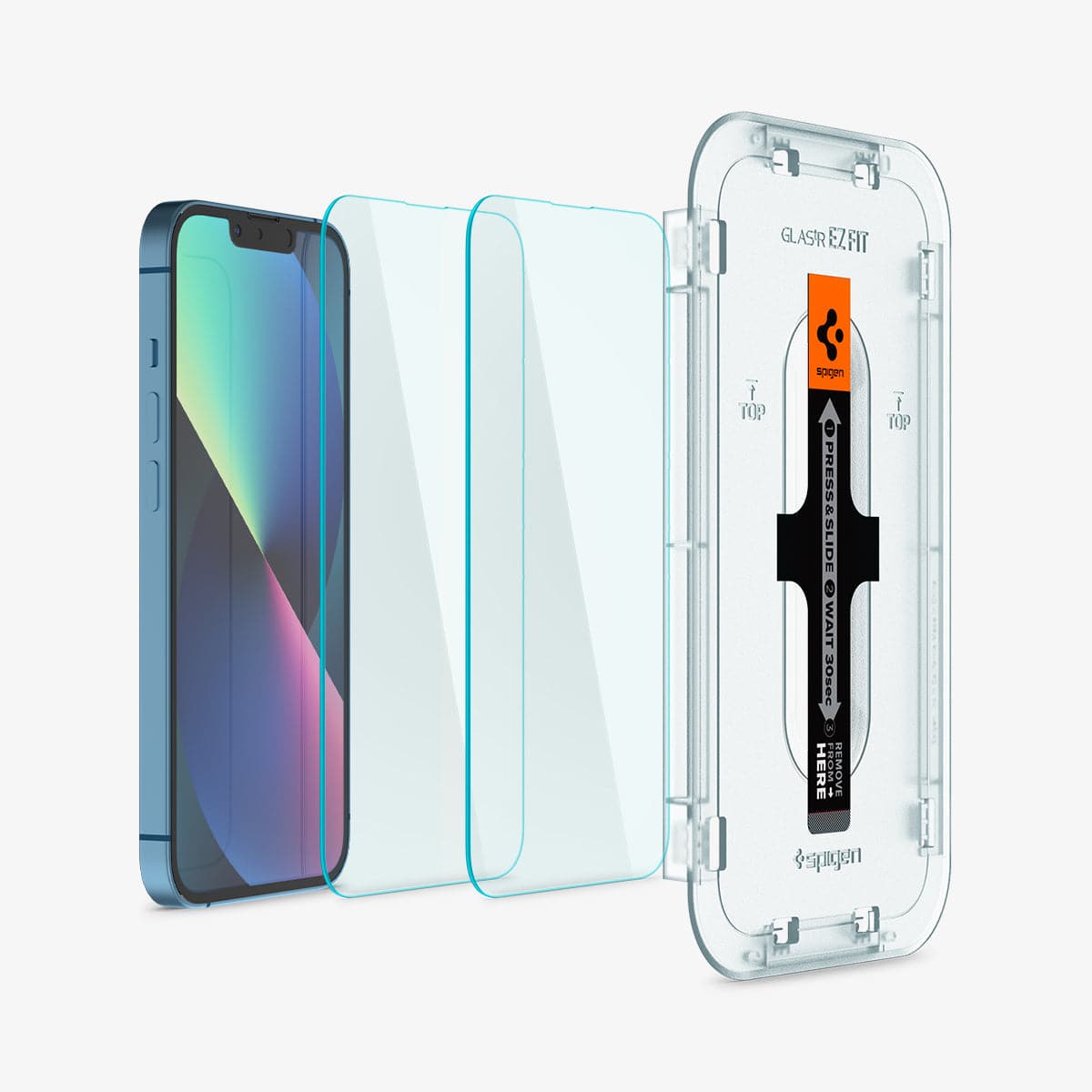 AGL03397 - iPhone 13 Mini Screen Protector EZ FIT GLAS.tR (Sensor Protection) showing the device, two screen protectors and ez fit tray