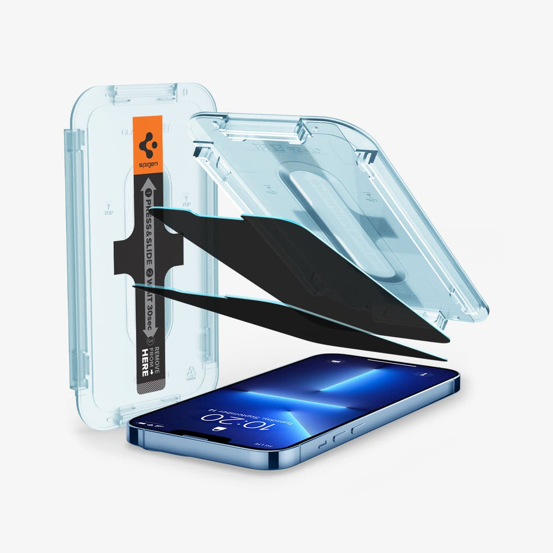 AGL03378 - iPhone 16e Screen Protector EZ FIT GLAS.tR Privacy showing the ez fit tray, 2 privacy screen protectors, and iPhone