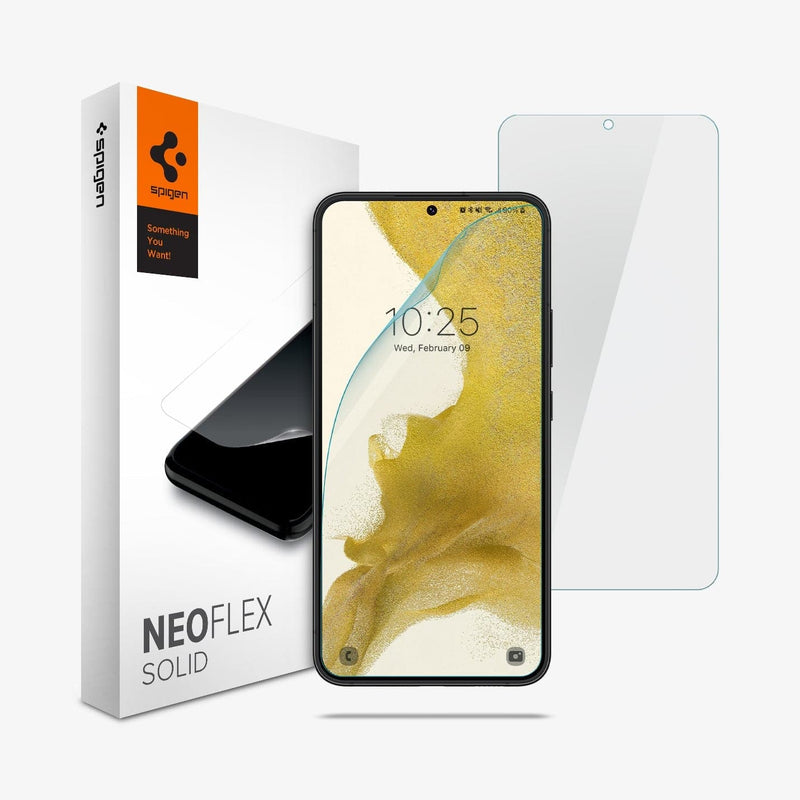 AFL04144 - Galaxy S22 Plus 5G Screen Protector Neo Flex Solid showing the packaging, two screen protectors and phone screen