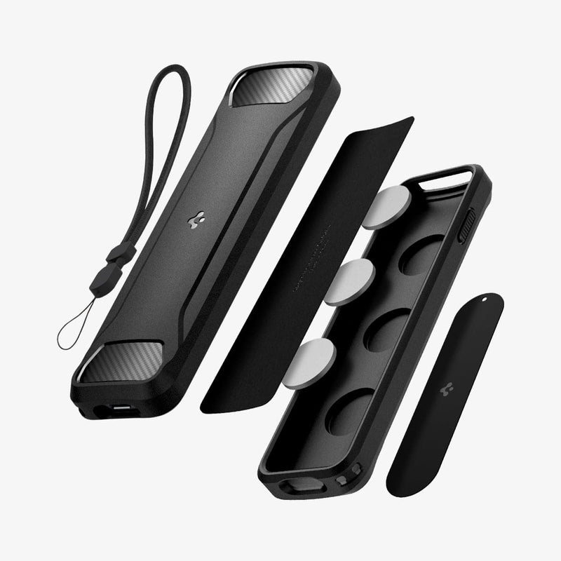 ACS03745 - Siri Remote (2nd Gen) Rugged Armor Magnetic Tech in matte black showing the multiple layers of case hovering behind remote