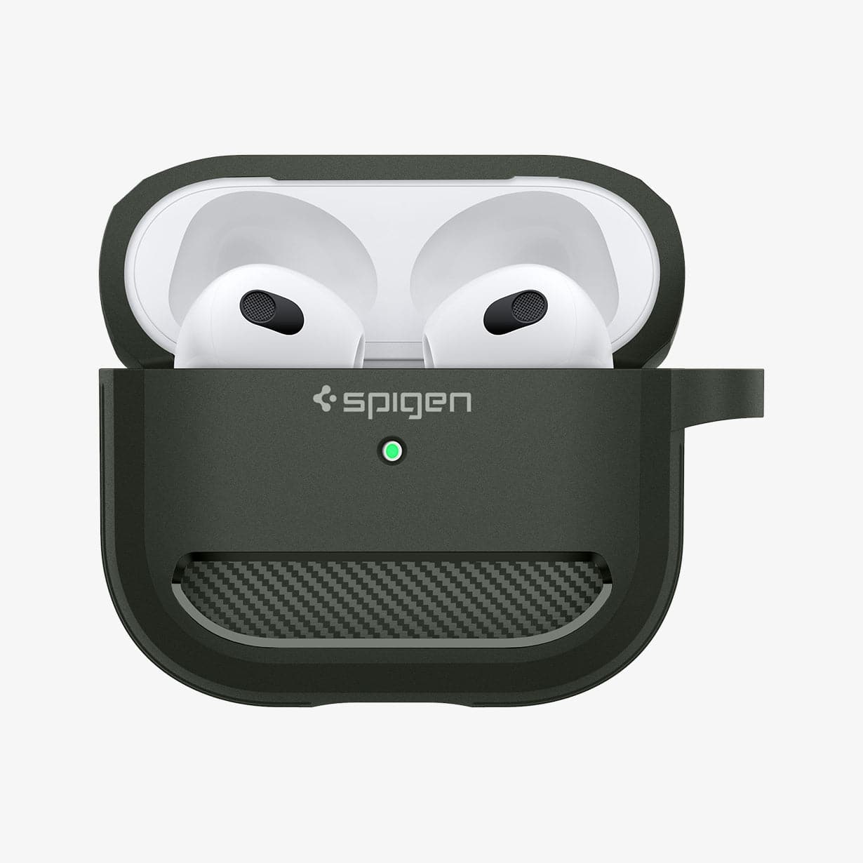 ASD01979 - Apple AirPods 3 Case Rugged Armor in military green showing the front with top open and AirPods inside
