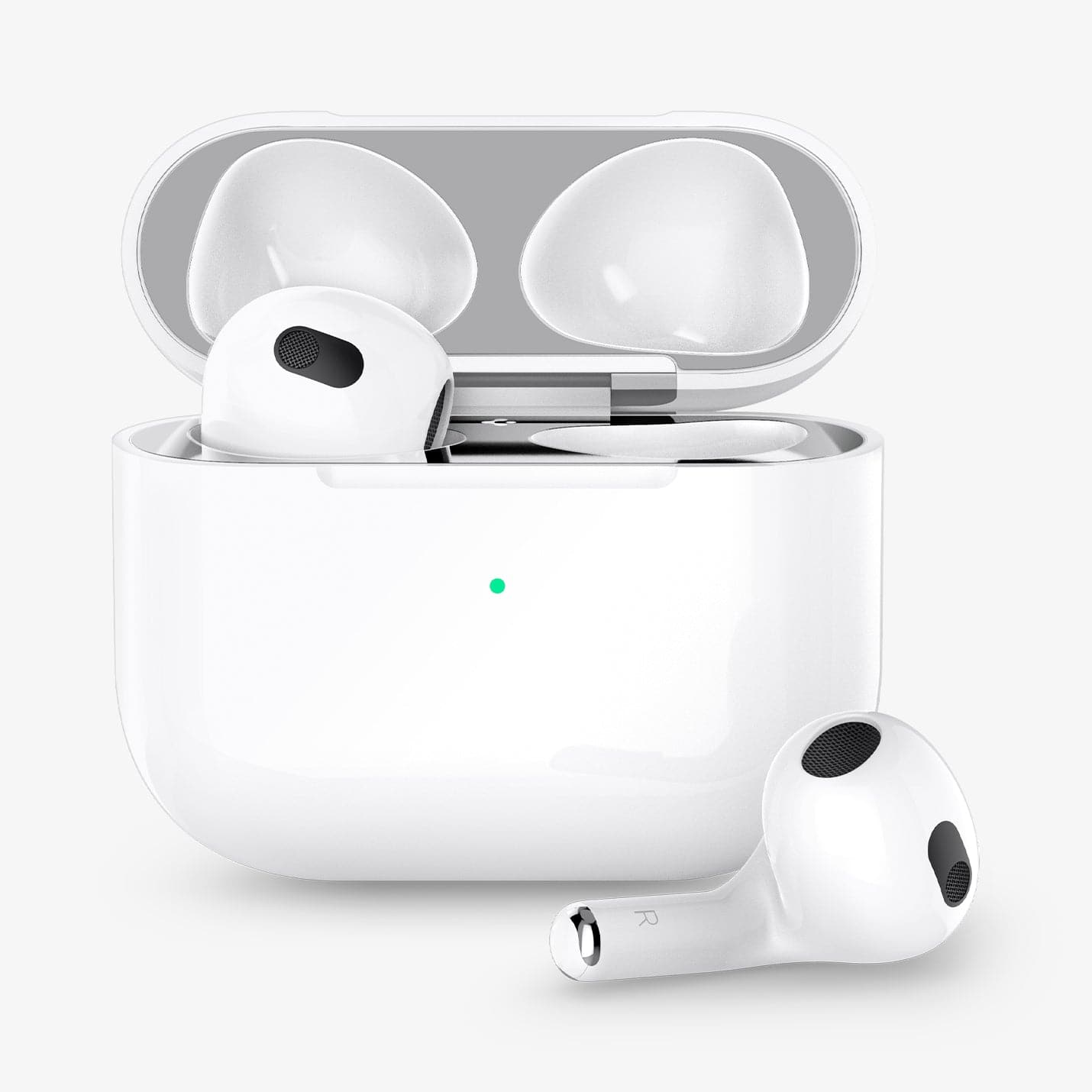 ASD01986 - Apple Airpods 3 Shine Shield in metallic silver showing the front with top open and one AirPod inside of case and other outside