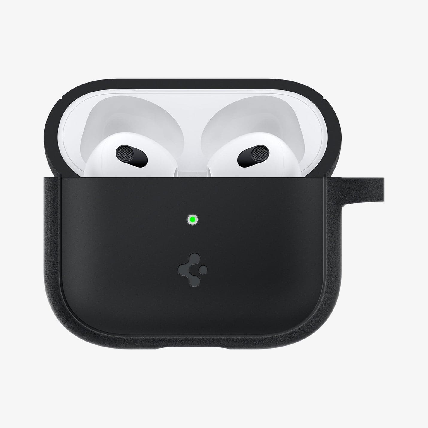 ASD01984 - Apple AirPods 3 Case Silicone Fit in black showing the front with top open and AirPods inside