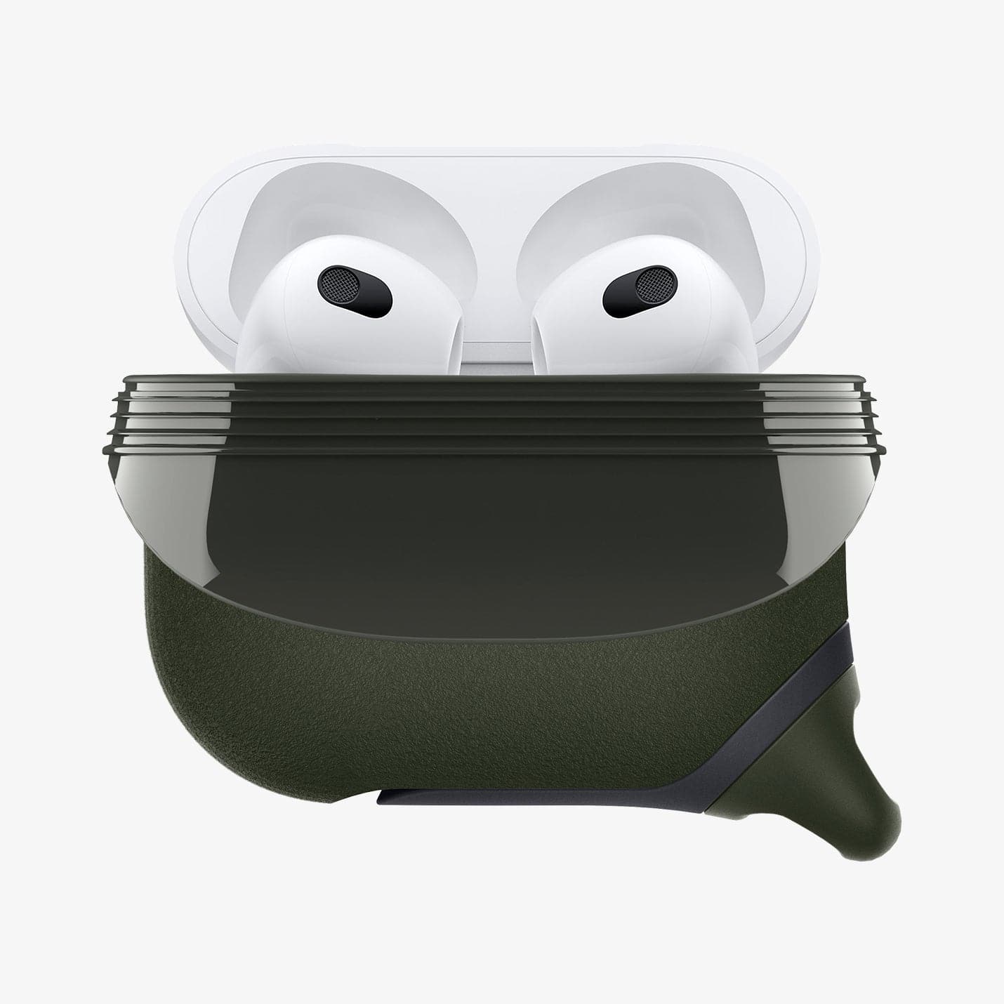 ASD01991 - Apple AirPods 3 Case Slim Armor IP in military green showing the front with front flap open and AirPods inside
