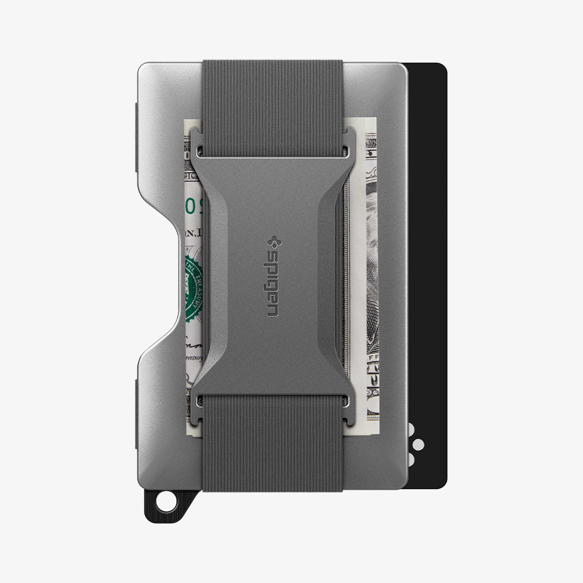 AHP04276 - AirTag Card Holder Wallet S + KeyRing in gunmetal showing the back with money in clip and card sticking out of slot