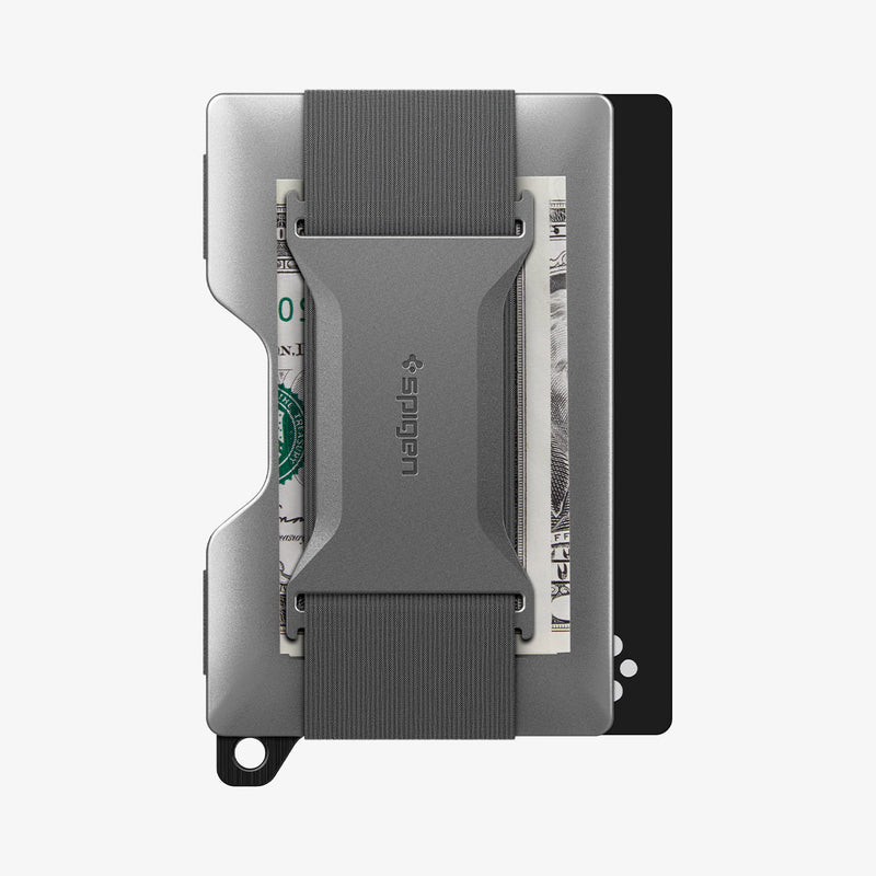 AHP04276 - AirTag Card Holder Wallet S + KeyRing in gunmetal showing the back with money in clip and card sticking out of slot