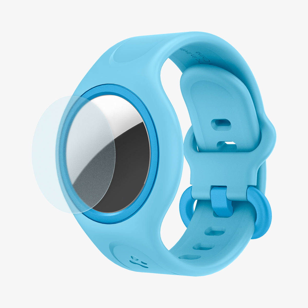AHP03027 - AirTag Wristband Play 360 in ocean blue showing the front and side with protective film hovering in front