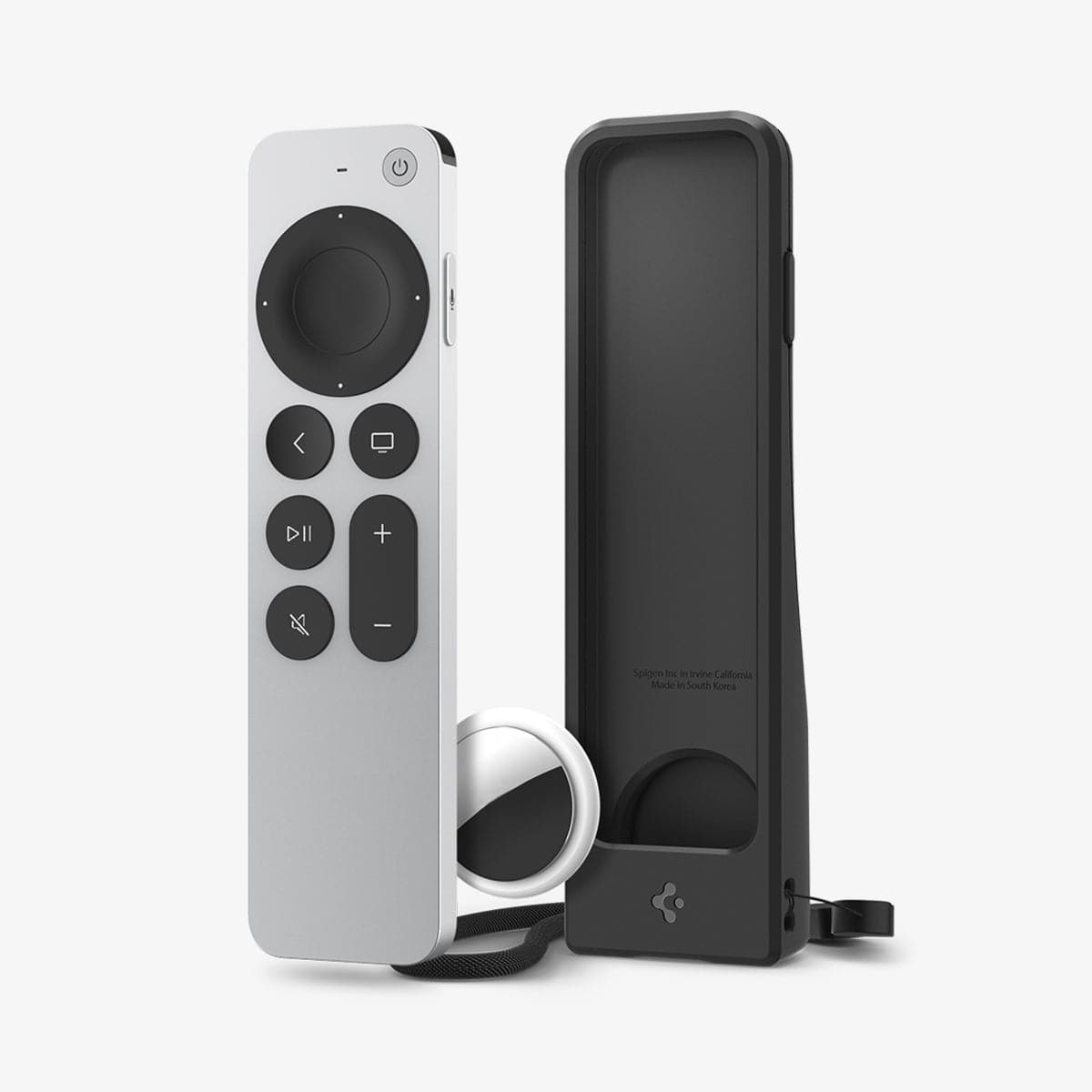 ACS03746 - Siri Remote (2nd Generation) Silicone Fit / AirTag in black showing the siri remote and airtag hovering in front of silicone fit case