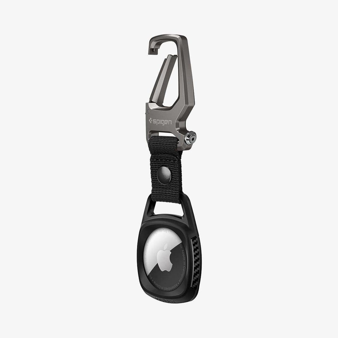 AMP01565 - AirTag Case Rugged Armor showing the front and side with carabiner opened