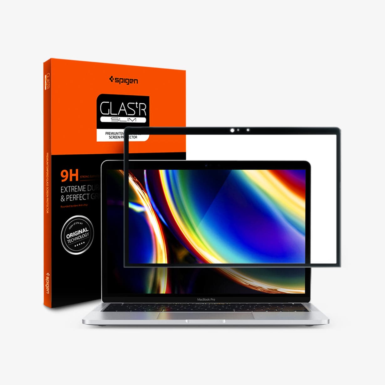 AGL00083 - MacBook Pro 13-inch (2020) GLAS.tR SLIM in Clear showing the front of tempered glass hovering in front of the device and packaging