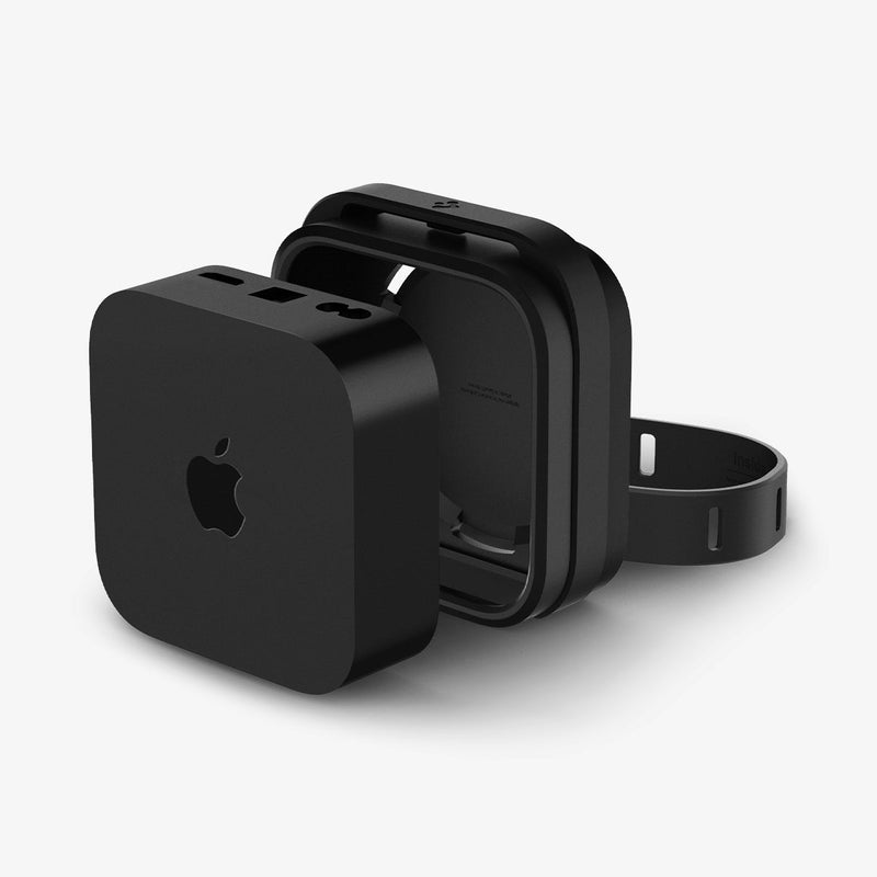 AMP05858 - Apple TV 4K (3rd Gen) Mount Silicone Fit in black showing the apple tv hovering in front of case