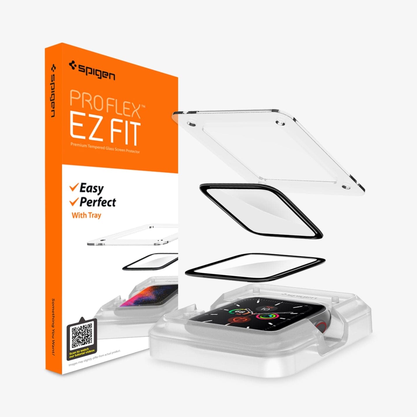 AFL00922 - Apple Watch (44mm) Screen Protector ProFlex EZ Fit in Clear showing the packaging, two watch screen protectors and alignment tray