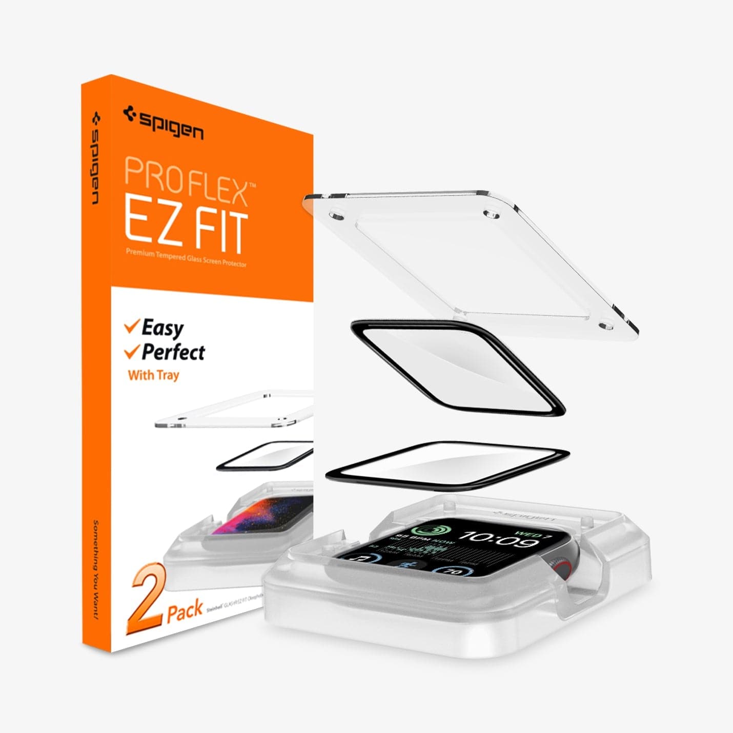 AFL00921 - Apple Watch (40mm) Screen Protector ProFlex EZ Fit in Clear showing the packaging, two watch screen protectors and alignment tray
