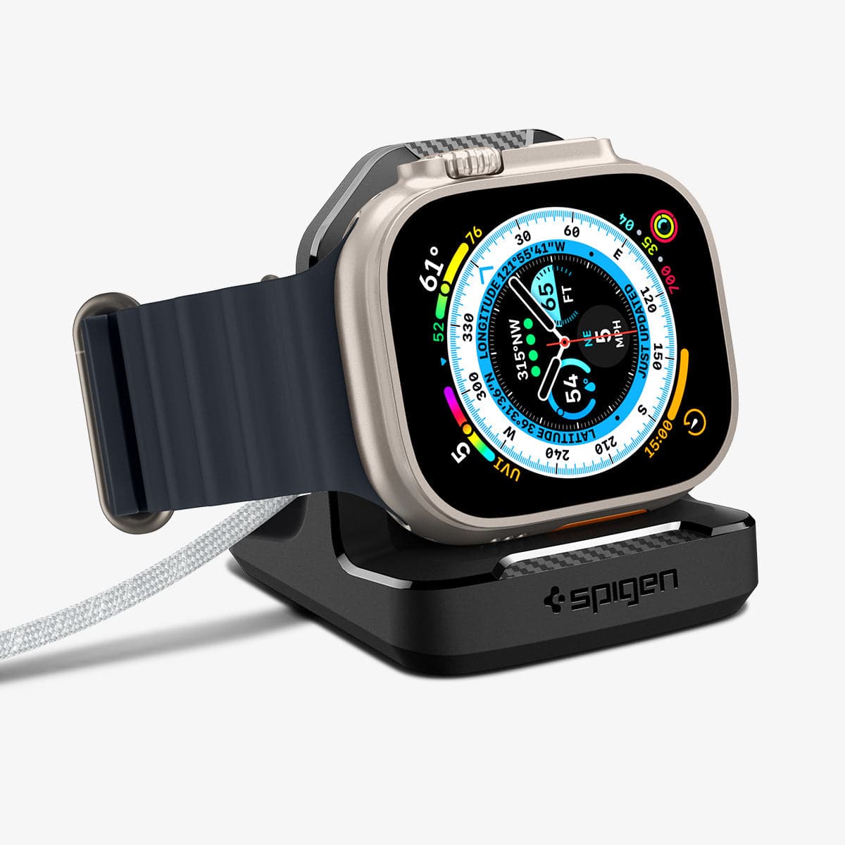 AMP05764 - Apple Watch Rugged Armor Stand in black showing the front and partial side with watch on stand
