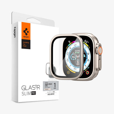 AGL06953  - Apple Watch Ultra (Apple Watch (49mm)) Screen Protector Glas.tR Slim Pro in titanium showing the screen protector, watch face and packaging