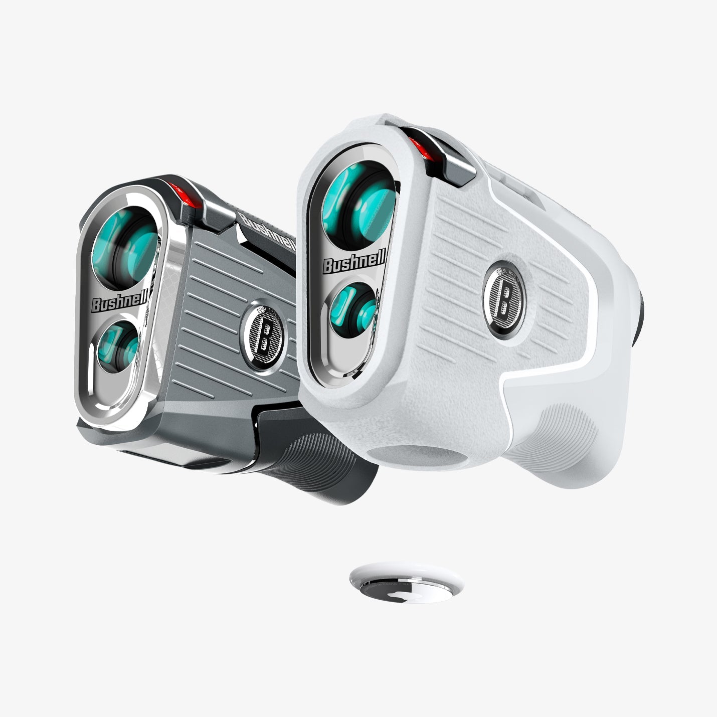 ACS06151 - Bushnell Pro X3 Rangefinder Case Silicone Fit AirTag in light gray showing the front, side and airtag hovering below the slot