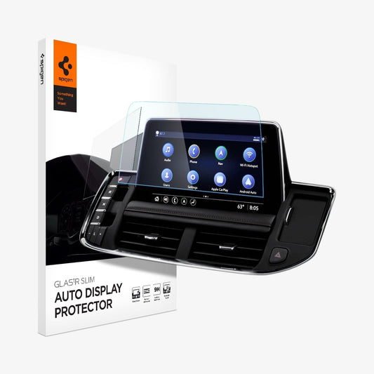 AGL04242 - GMC Yukon Screen Protector GLAS.tR SLIM Anti-Glare showing the touch screen display, screen protector and packaging