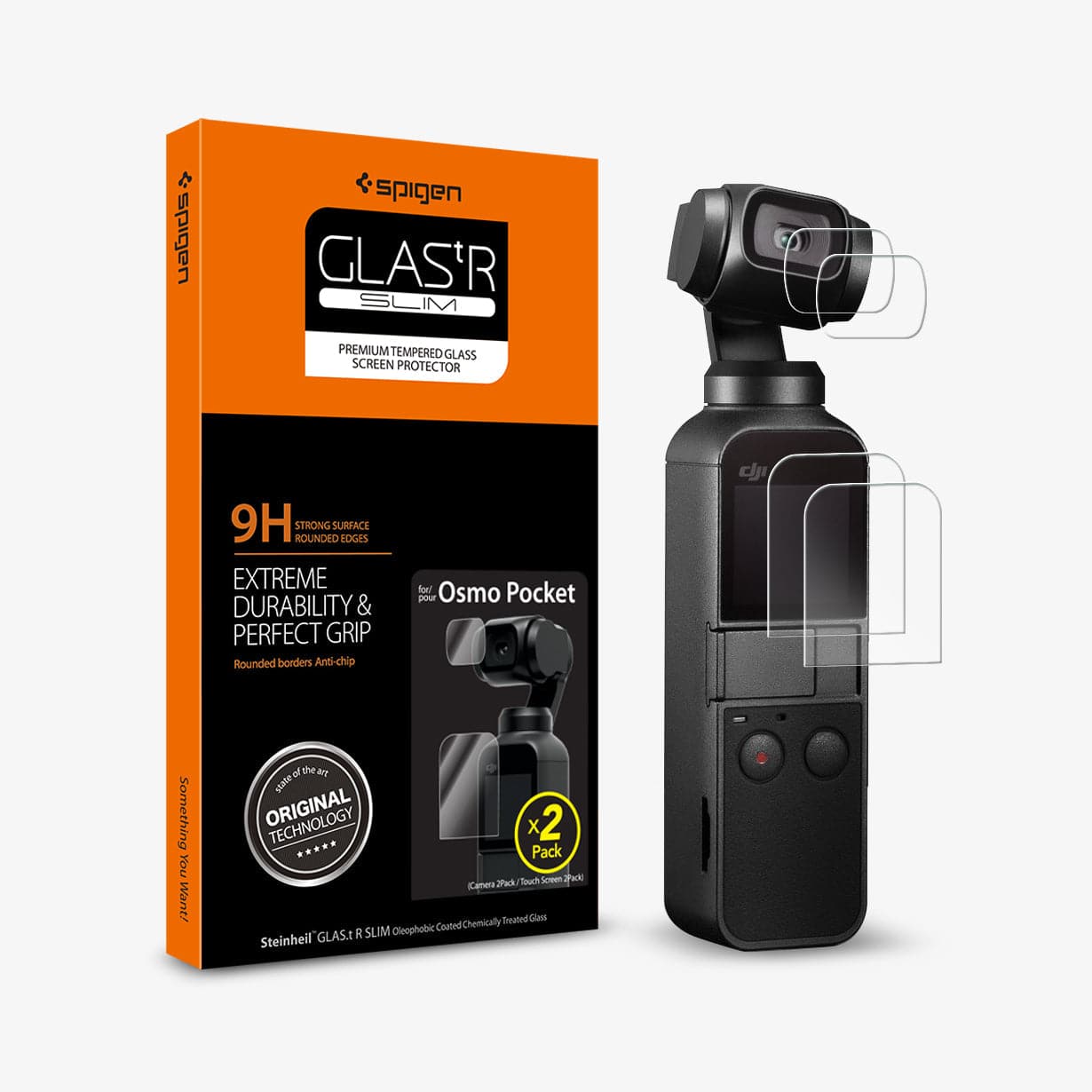 S45GL26141 - DJI Osmo Pocket Screen Protector EZ FIT GLAS.tR showing the device, two screen protectors and packaging