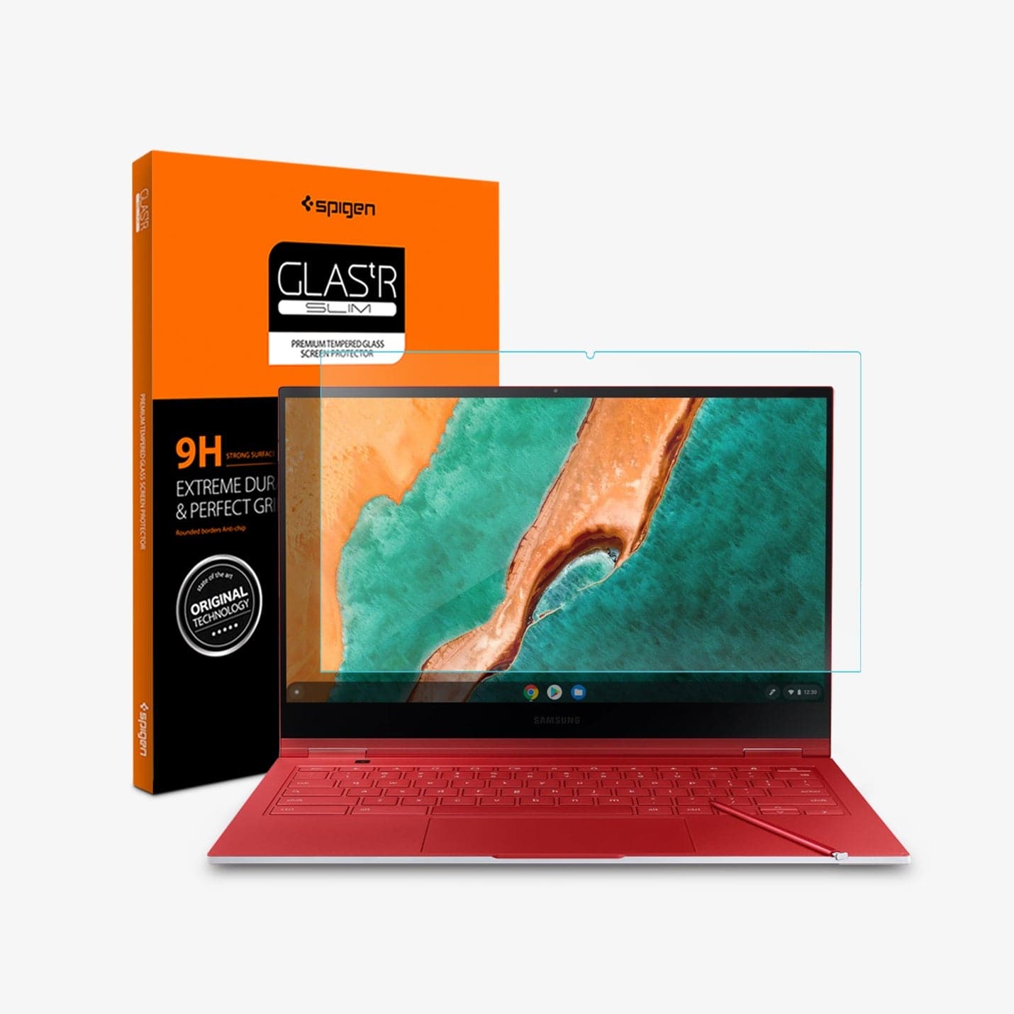 AGL01386 - Galaxy Chromebook 13.3-inch Screen Protector Glas.tR SLIM showing the device, screen protector and packaging