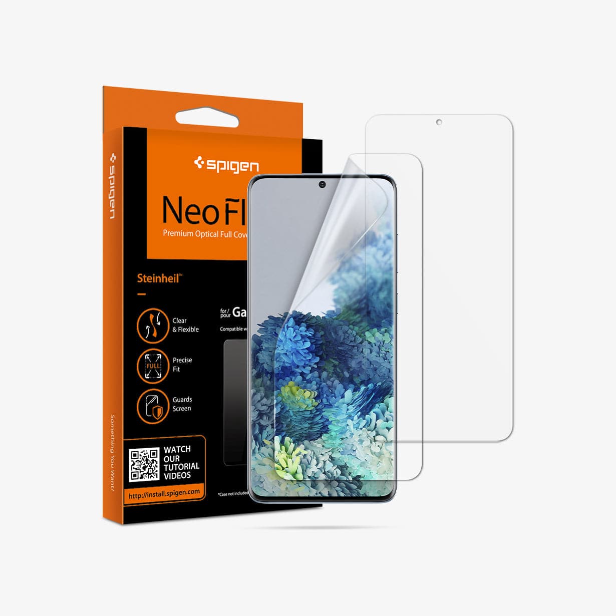 AFL00644 - Galaxy S20 Plus Neo Flex Solid HD Screen Protector showing the device, two screen protectors and packaging