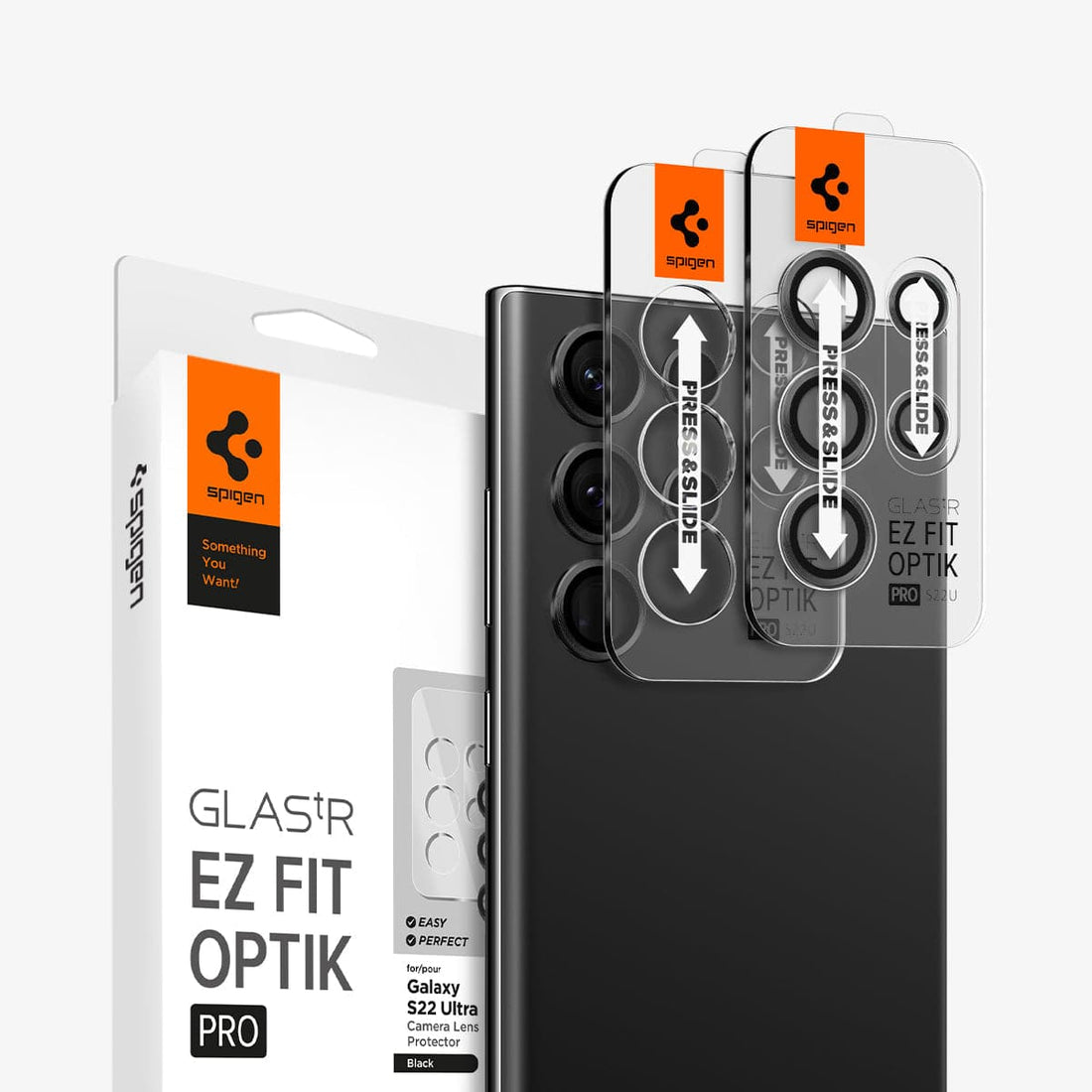 AGL04751 - Galaxy S22 Ultra EZ Fit Optik Pro Lens Protector Glass.tR in black showing the device, two ez fit lens protectors and packaging
