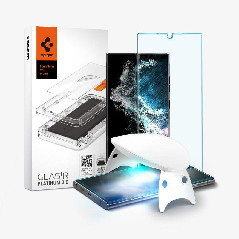 AGL04138 - Galaxy S22 Ultra 5G Screen Protector Platinum Tray showing the device, uv light tray, screen protector and packaging